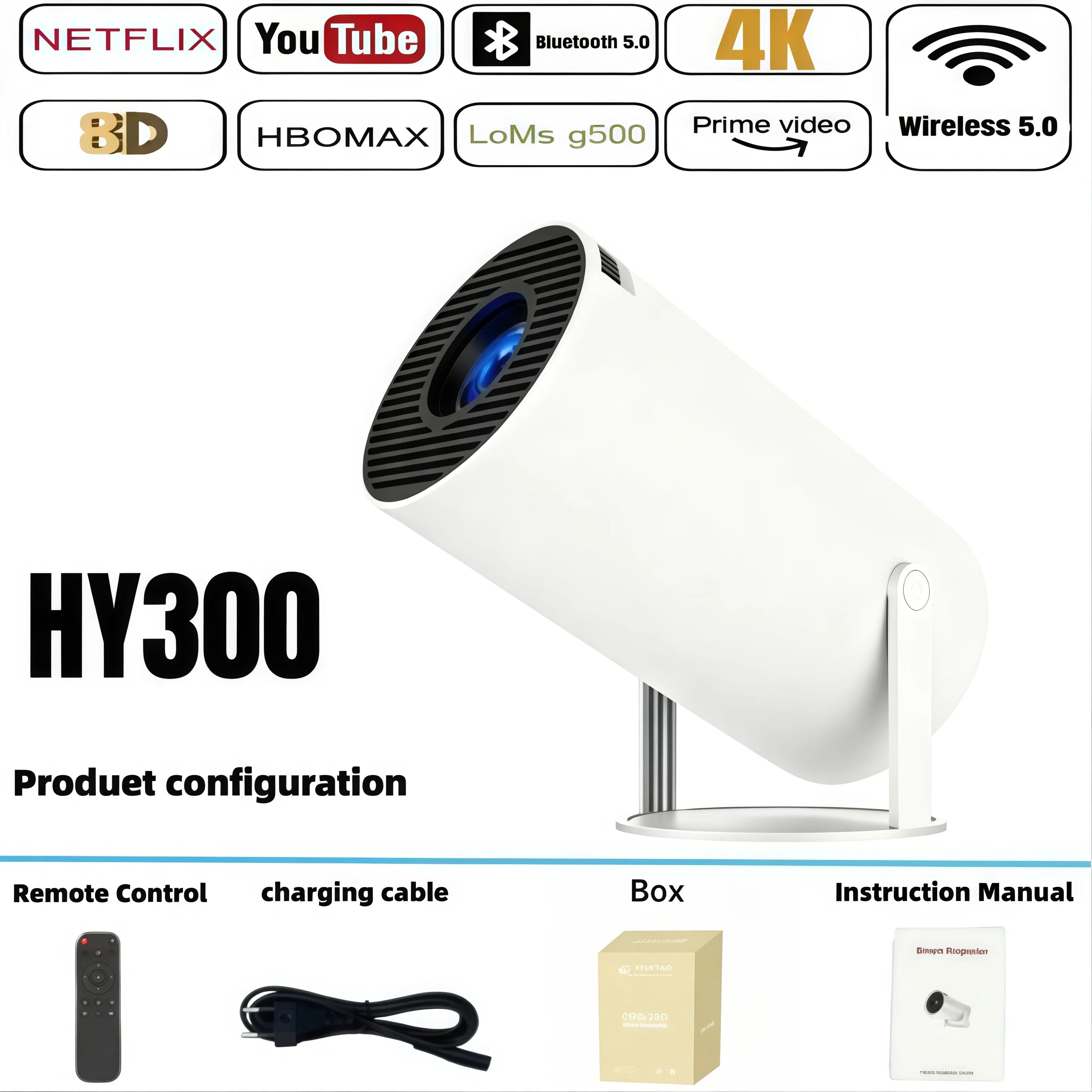 Projecteur Portable 2025 HY300 – 4K HD pour Cinéma Maison